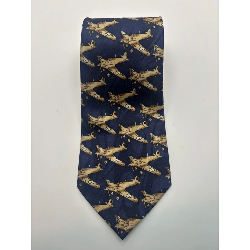 Fratello Mens Navy Blue Vintage Propeller Airplane Aviation Print Silk-Look Tie